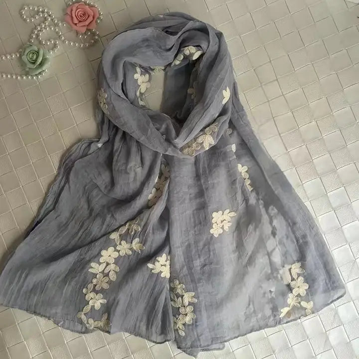 Gray Petunia Embroidered Cotton Scarf