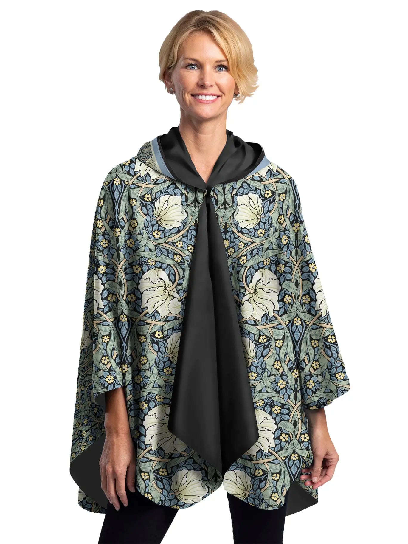 William Morris Pimpernel & Black Reversible Rain Cape Poncho – Hooded Womens Wrap