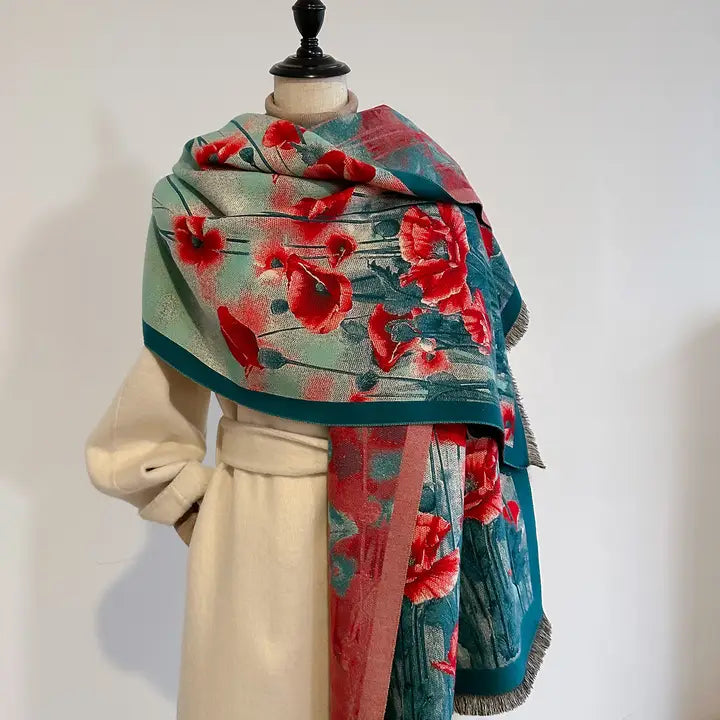Shawl Turqouise / Red Poppy Field Reversible Wrap – Artisan Shawl