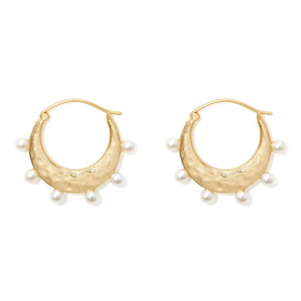 Hammered Crescent Pearl Hoop Earrings