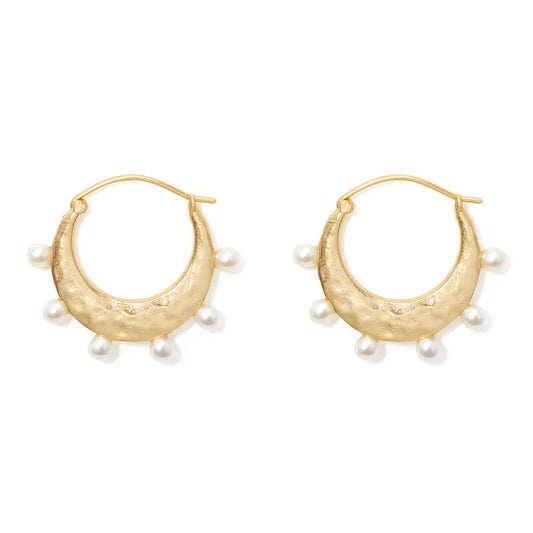 Hammered Crescent Pearl Hoop Earrings